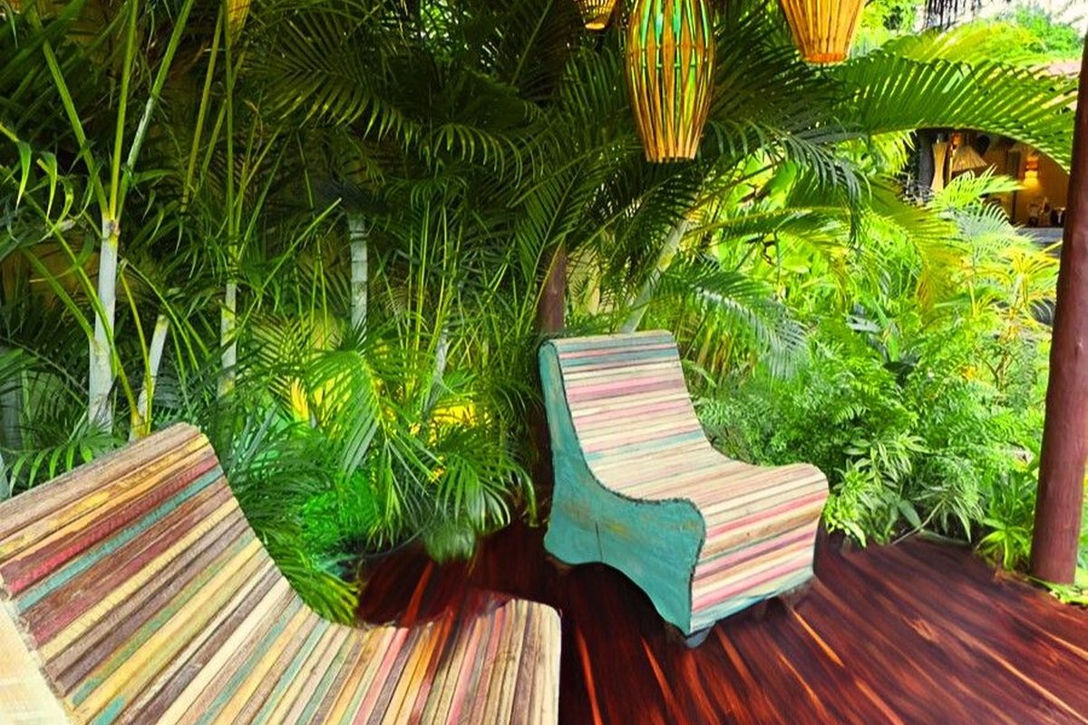 Área de relaxamento com poltronas no jardim