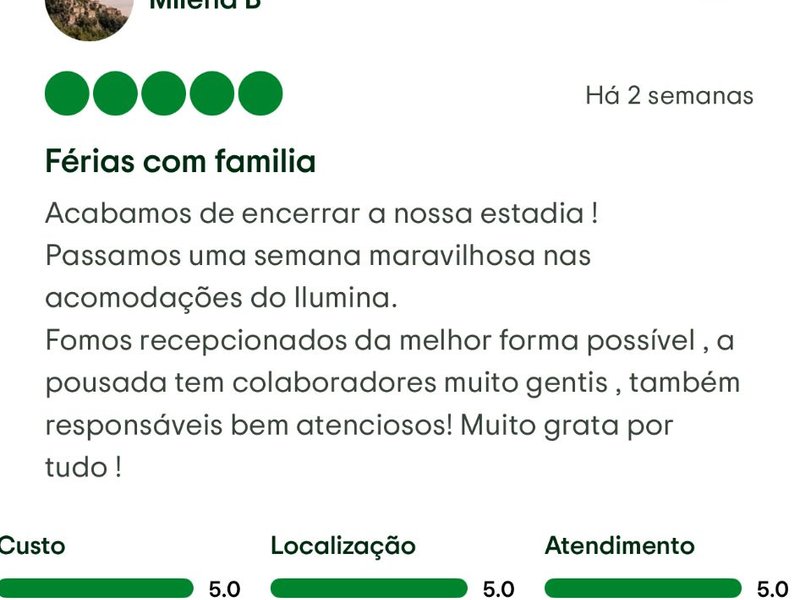 Avaliação 5 estrelas de Milena B - família