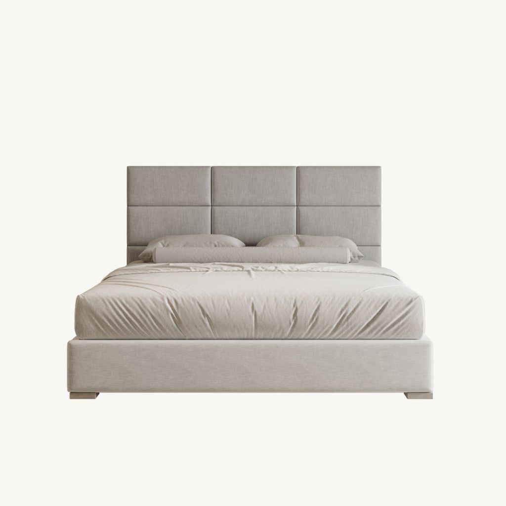 Grid-tufted upholstered bed in stone grey with low profile base
