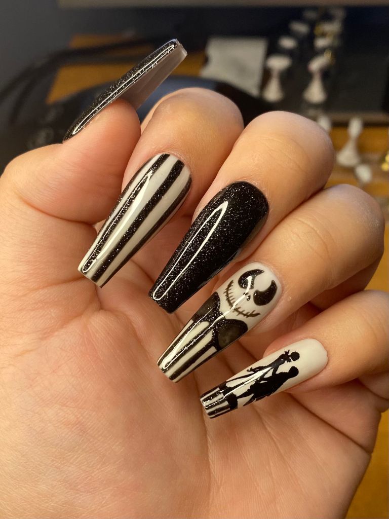 Jack and Sally Romance Halloween Nails