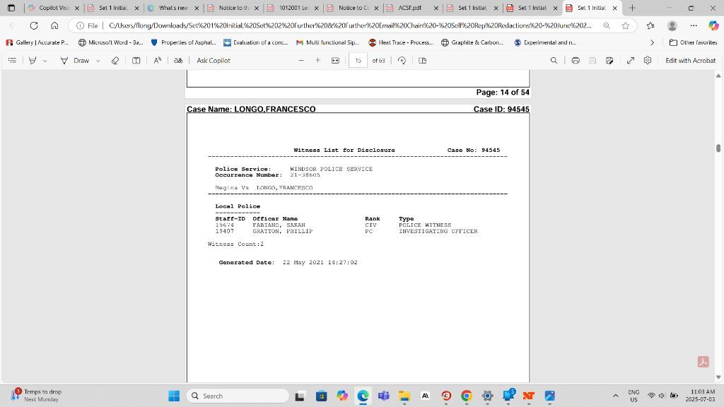 Witness List showing PC Gratton