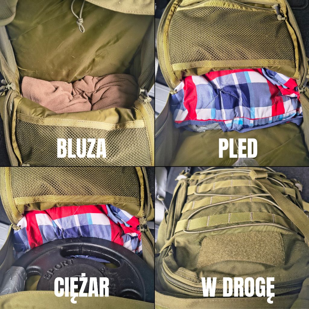 Praktyczne przykłady pakowania plecaka - bluza, płed, ciężar i gotowy plecak w drogę