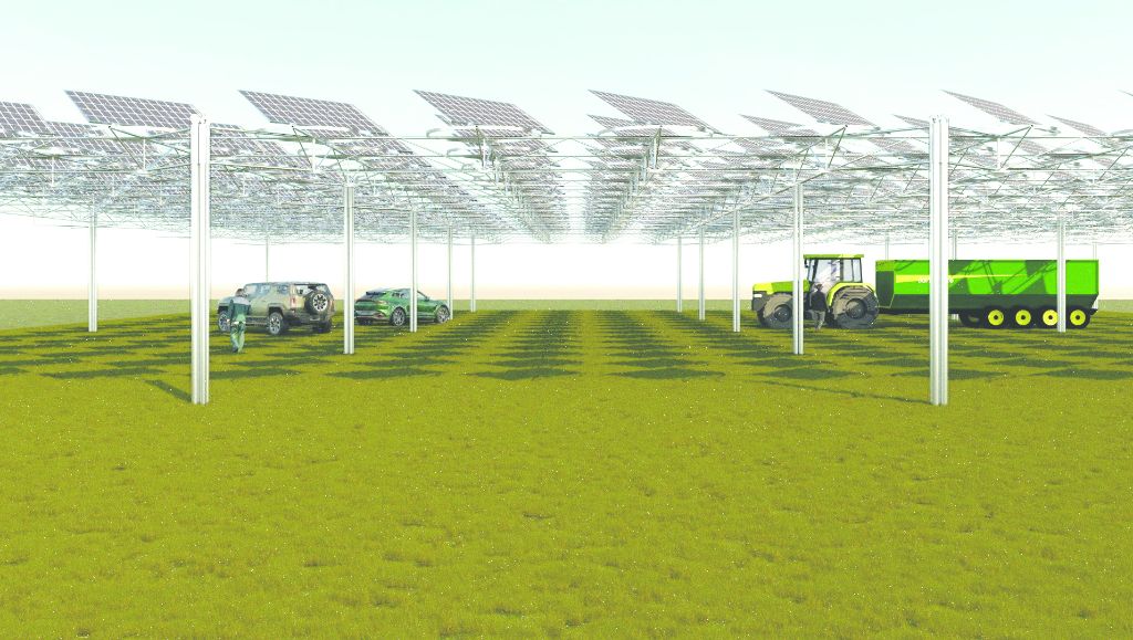 Sistema agrivoltaico ONE-G con pannelli sopraelevati che permettono attività agricole