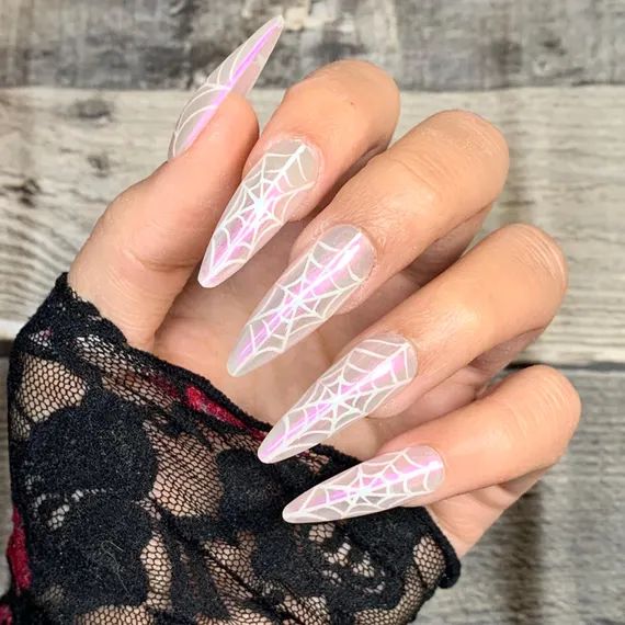 Iridescent Pink Spiderweb Nails