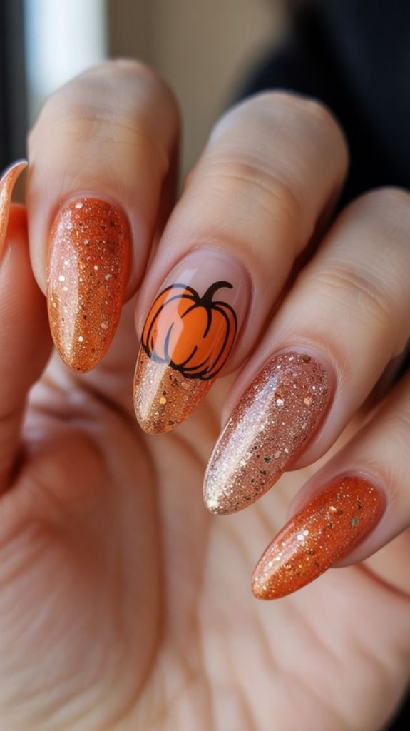 Orange Glitter Pumpkin Accent Nails