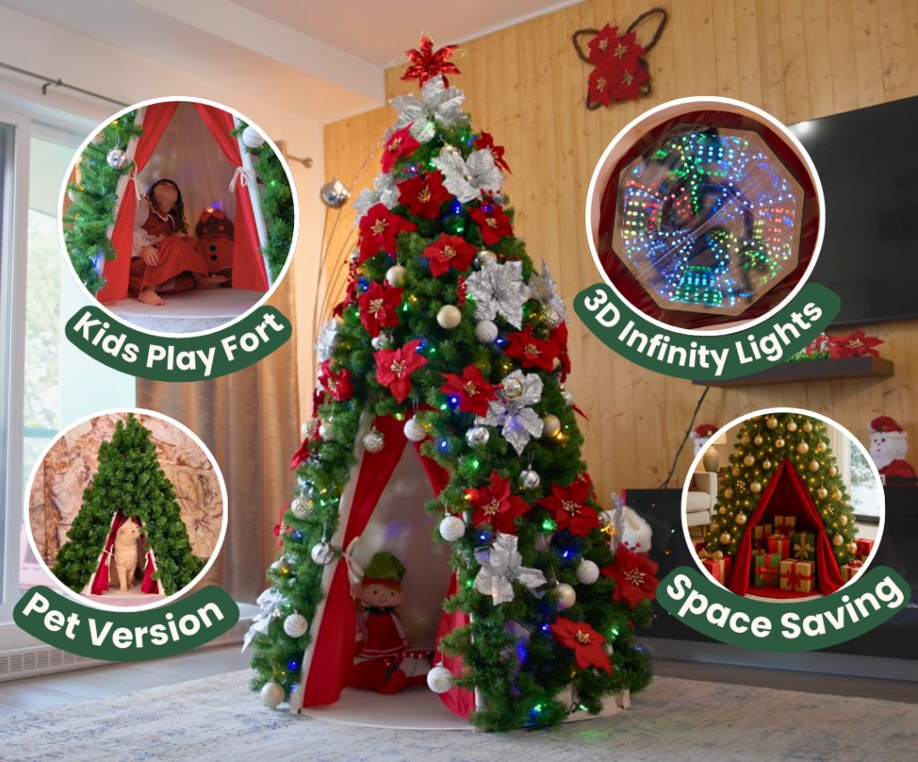 Magical Underland features: Kids Play Fort, 3D Infinity Lights, Pet Version, and Space Saving Christmas tree transformation
