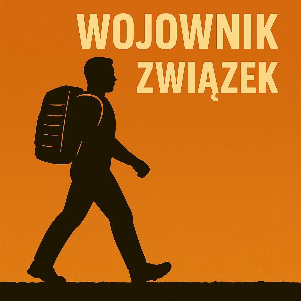 Wojownik - sylwetka ruckera z plecakiem na pomarańczowym tle