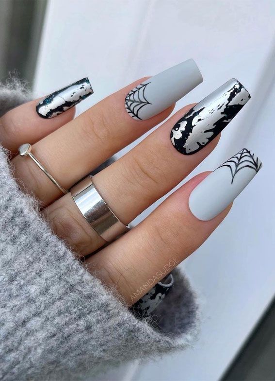 Grey Marble Halloween Mixed Nails