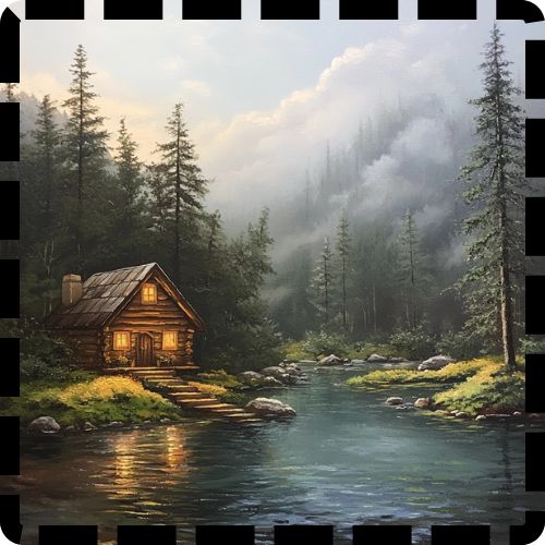 Misty morning cabin by stream