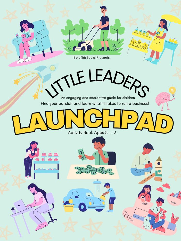 Little Leaders Launchpad book cover showing diverse children running different businesses like lemonade stands and crafts