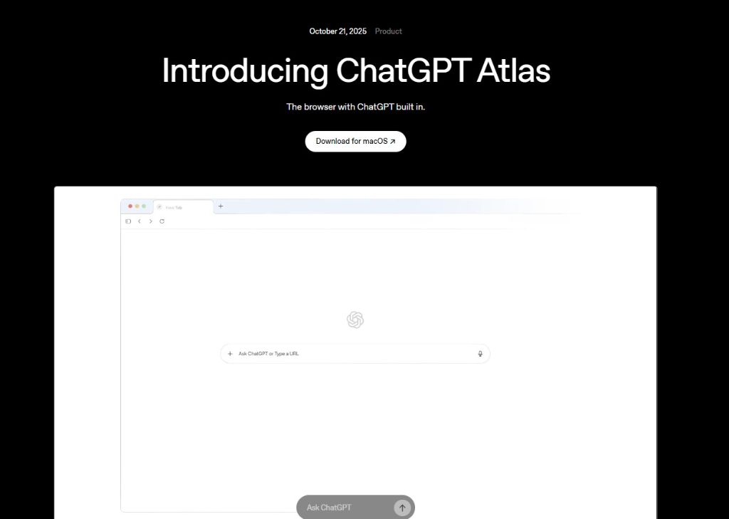 OpenAI ChatGPT Atlas browser official announcement page showing clean interface with download button for macOS and minimalist browser window display