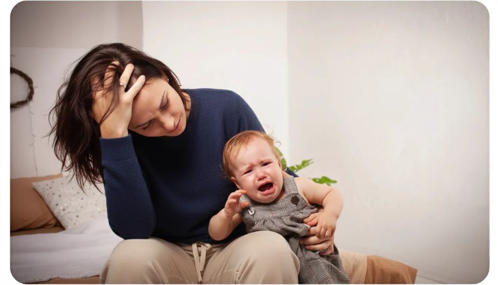 Mãe cansada com bebê chorando