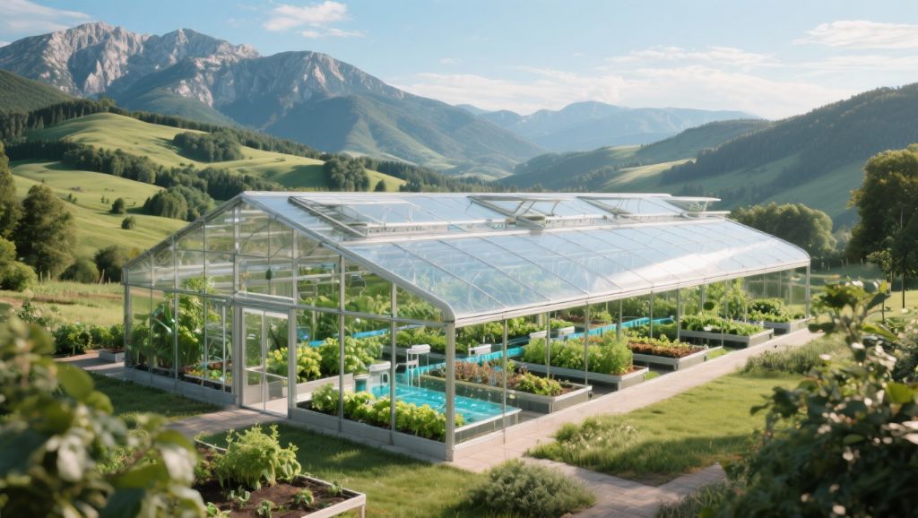 Aquaponik-Gewächshaus in Berglandschaft