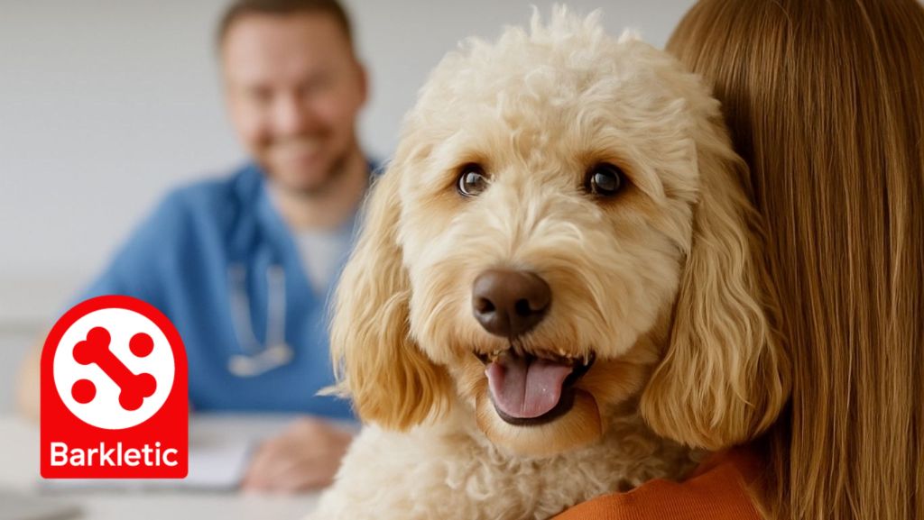 Happy dog at vet visit with Barkletic logo