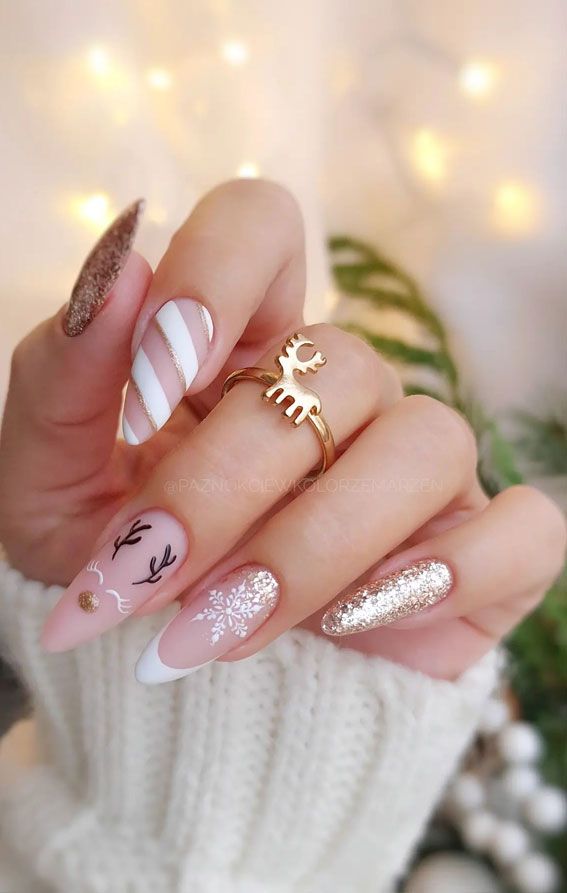 Playful pink Christmas tree candy nails