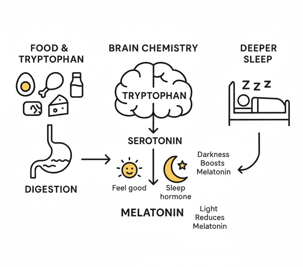 Sleep optimization pathway diagram showing food, tryptophan, brain chemistry, and melatonin production