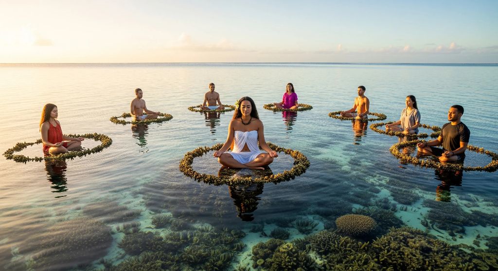 Community meditation on floating coral platforms in the ocean - living the 7 principles together
