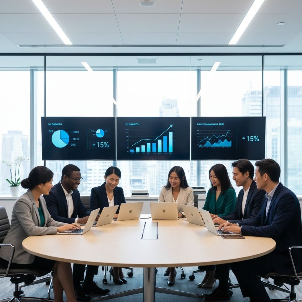 Professional business team analyzing growth charts and business metrics