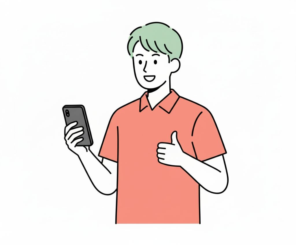 スマートフォンを持つ満足した男性のイラスト