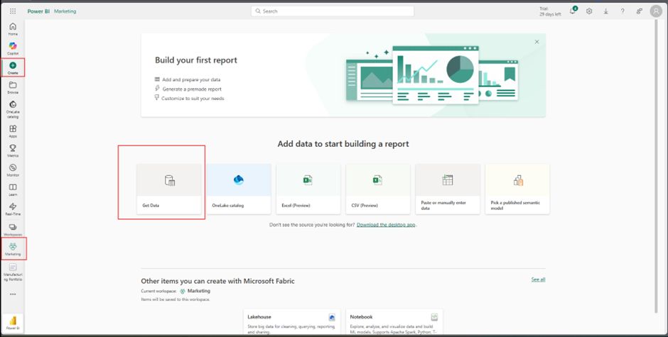 Power BI service workspace interface showing Create section with Get Data button highlighted for browser-based semantic model creation workflow