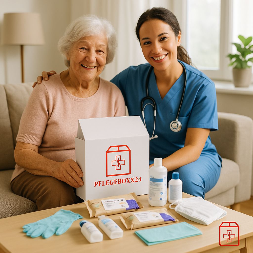 PflegeBoxx24 - Pflegekraft und Seniorin mit Pflegehilfsmitteln