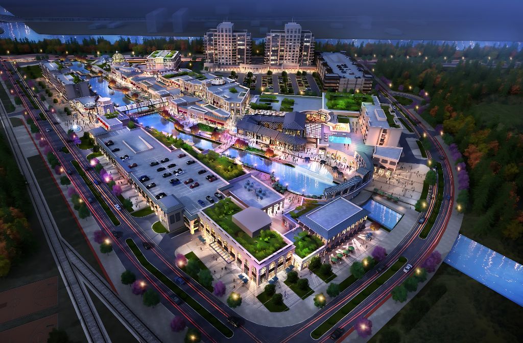 Twilight aerial rendering of Paradise Walk with illuminated waterfront promenades and mixed-use towers
