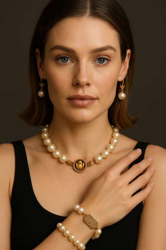 Temple Sacred Arts - Model wearing Egyptian Collection jewelry