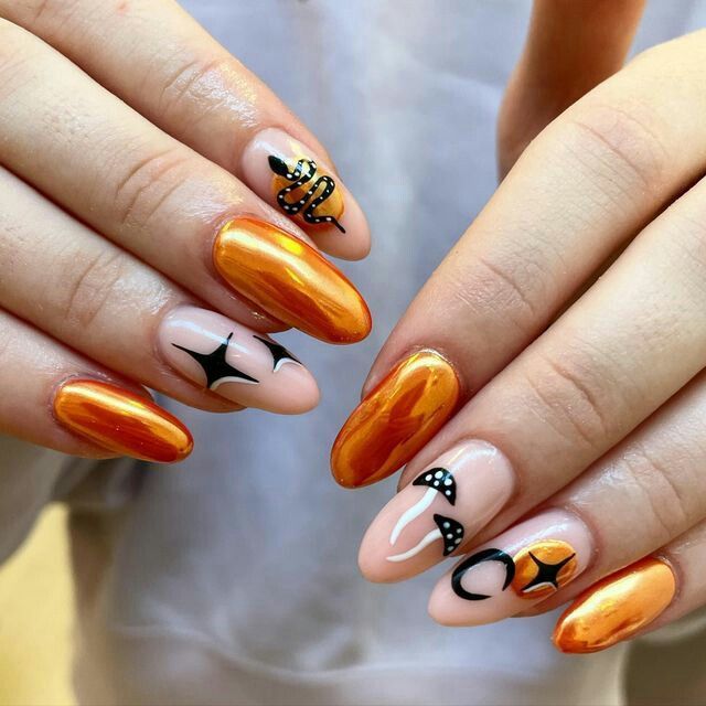 Chrome Orange Halloween Nails