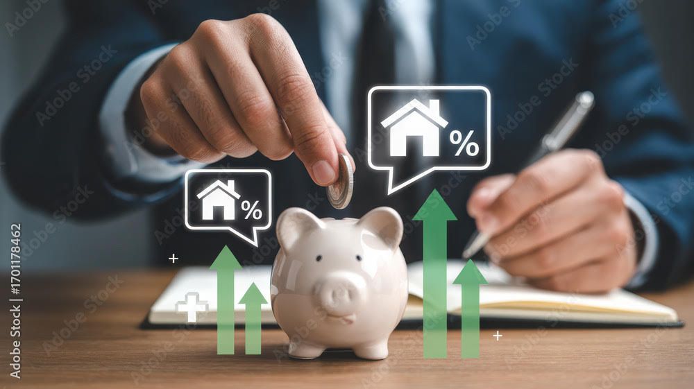 Investor saving strategy with piggy bank and mortgage icons