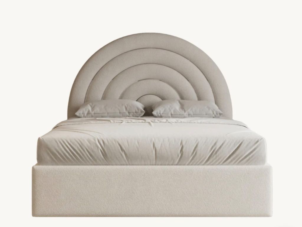 Layered arc headboard bed in soft ivory bouclé with matching pillows