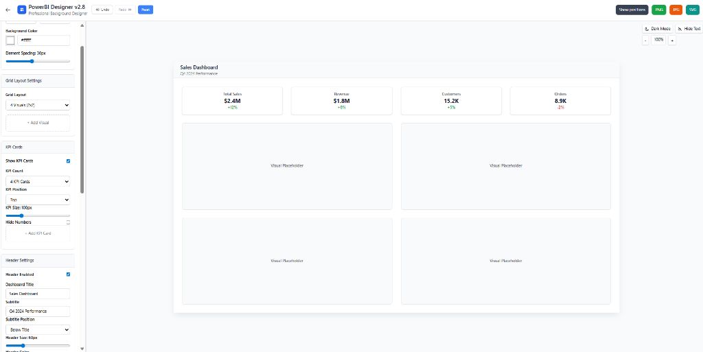 Power BI Desktop interface showing canvas settings and background configuration options
