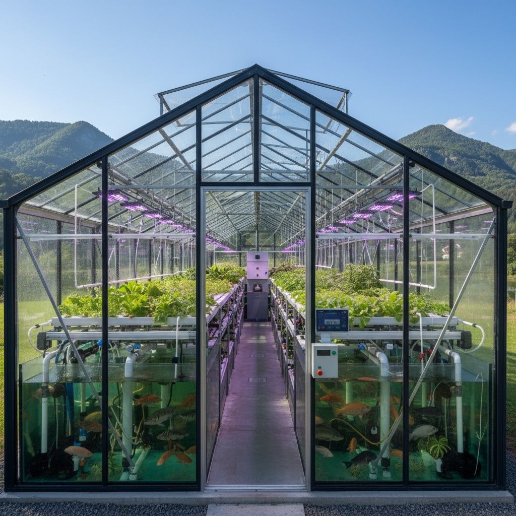 Modernes Aquaponik-Gewächshaus mit Fischbecken und Pflanzenanbau