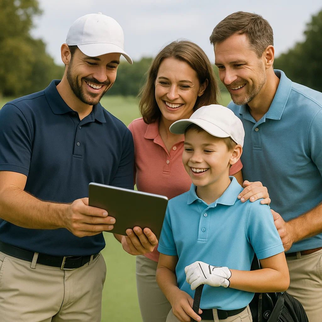 Junior golfer with coaches and family viewing Upgame on tablet