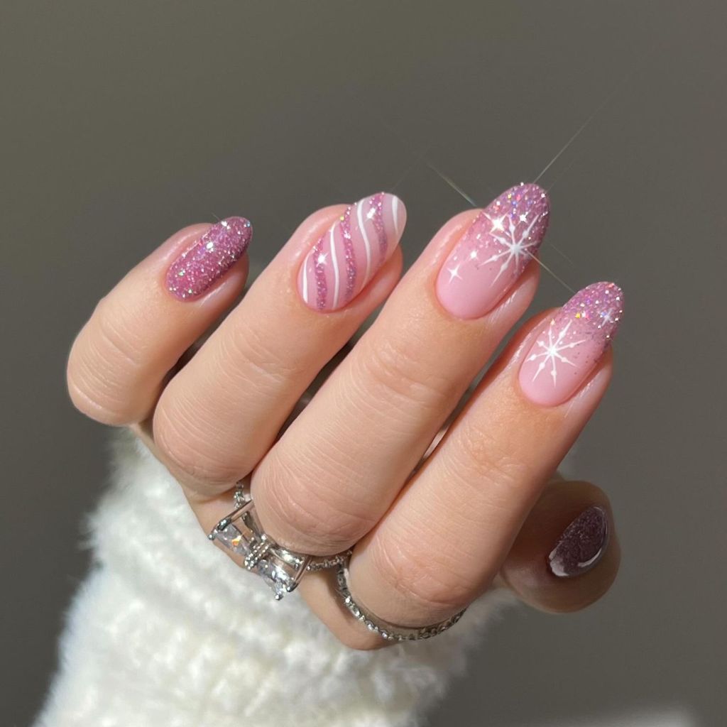 Festive pink Christmas collage nails