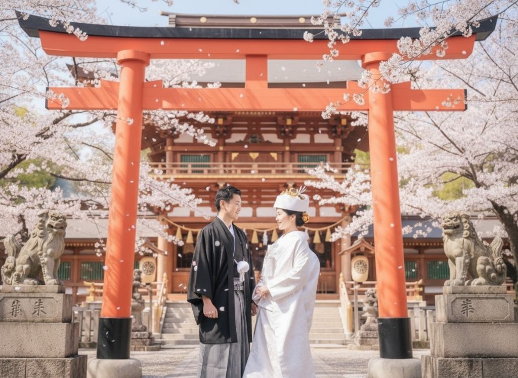 桜満開の神社鳥居前で行われる和装結婚式、白無垢の花嫁と紋付袴の花婿が向かい合う美しい瞬間
