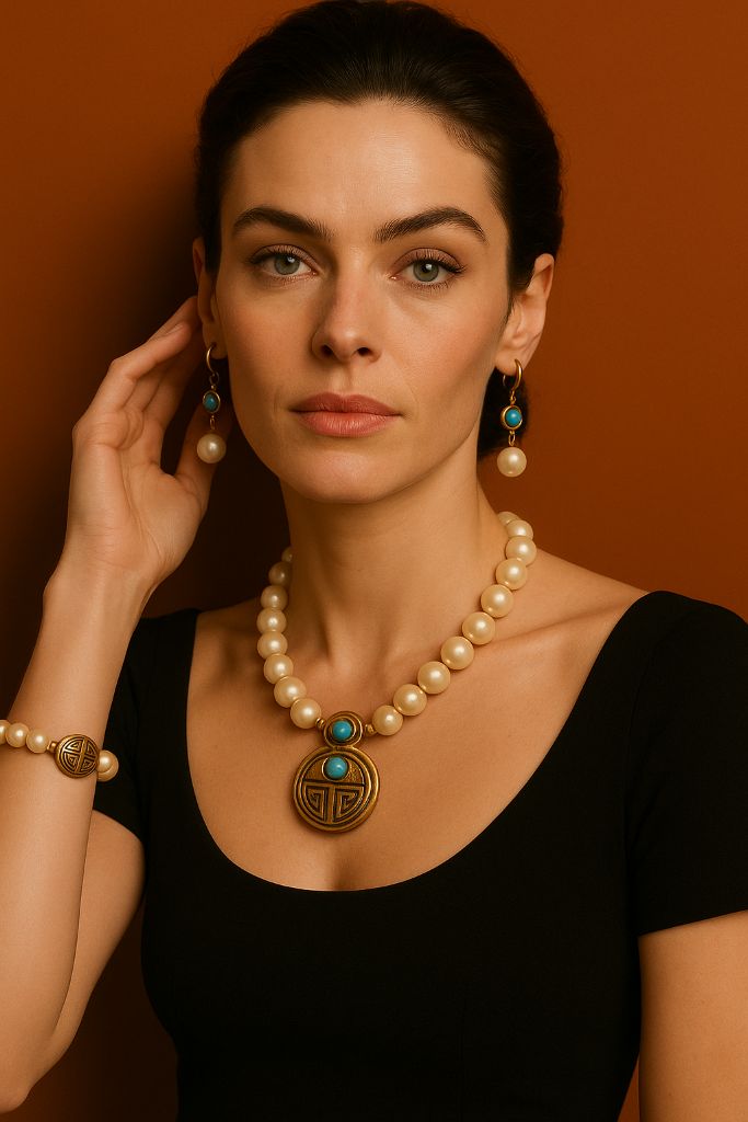Mayan Sacred Geometry - Model wearing Mayan Collection jewelry