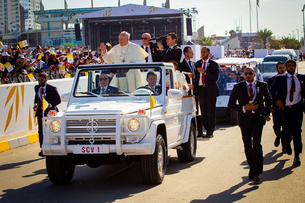 Historic arrival: Pope Francis greets the faithful during the first-ever Papal Visit to the Arabian Peninsula