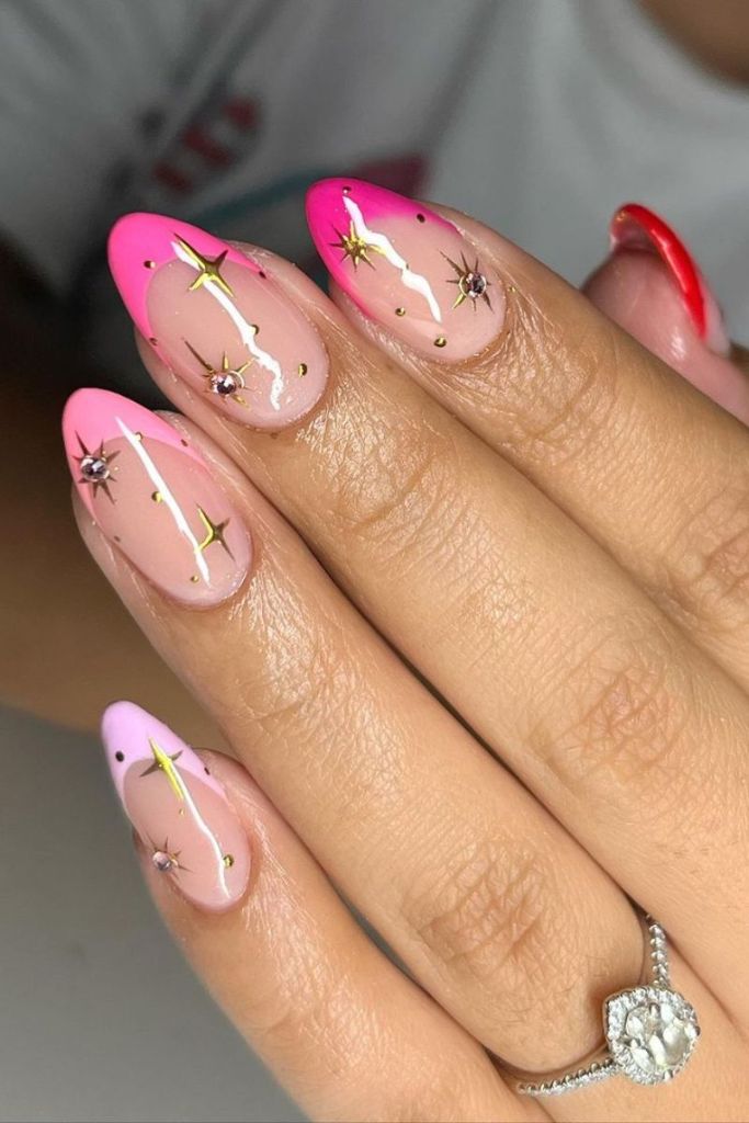 Pink glitter fade snowflake art Christmas nails