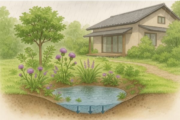 雨に強い家づくり - 透水舗装・雨庭・雨水タンクによる豪雨対策