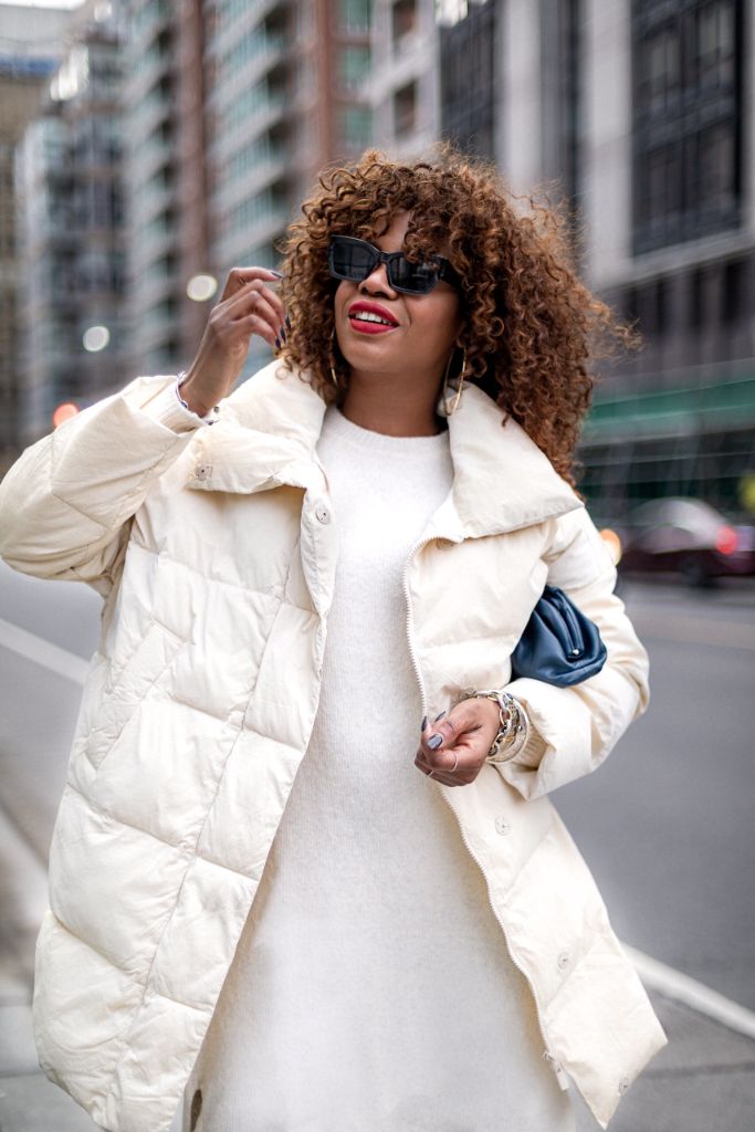 Cream long puffer coat with sunglasses urban chic