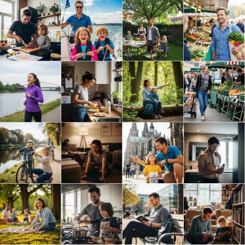 Mosaic of diverse consumer lifestyle images showing various food and lifestyle behaviors for synthetic consumer research