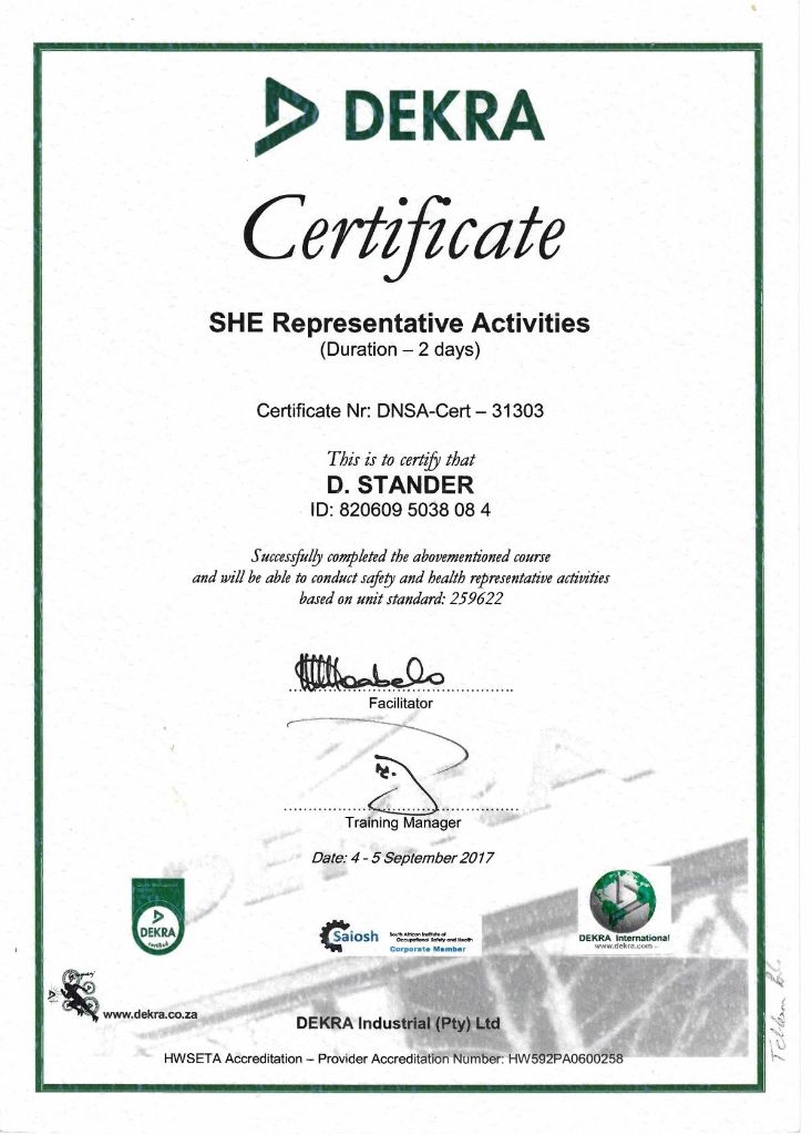 DEKRA SHE Representative Certificate