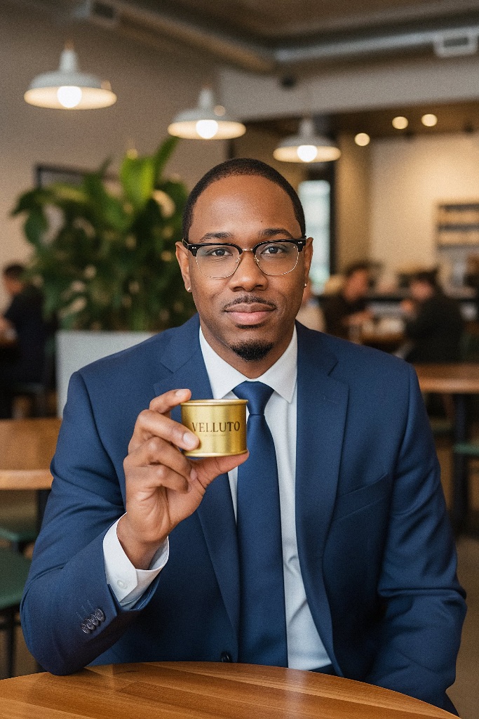VELLUTO Founder holding premium golden VELLUTO tin in professional setting