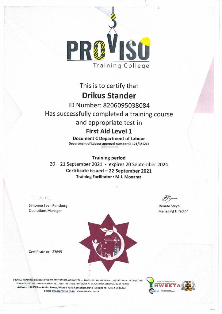 First Aid Level 1 Certificate