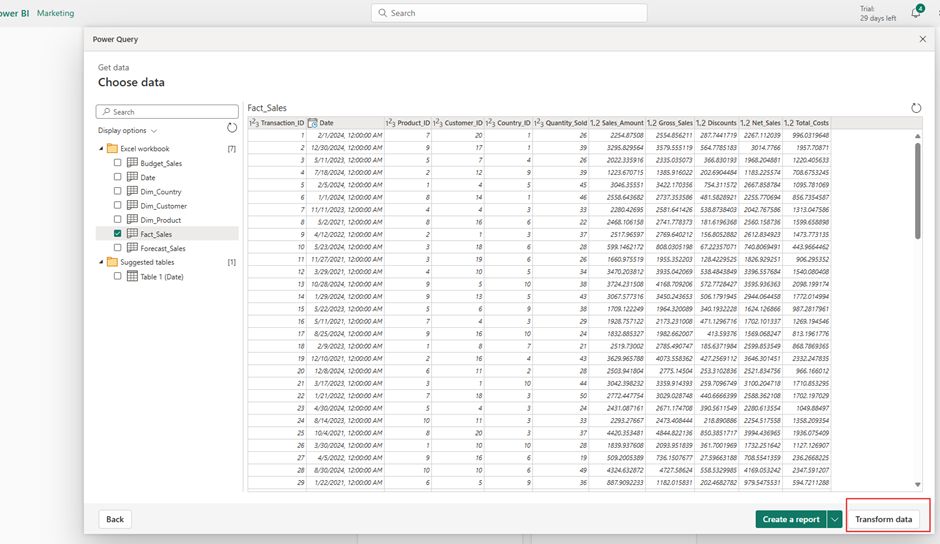Power Query editor in Power BI service showing data preview, transformation options, and Create report vs Transform data choices for semantic model development workflow