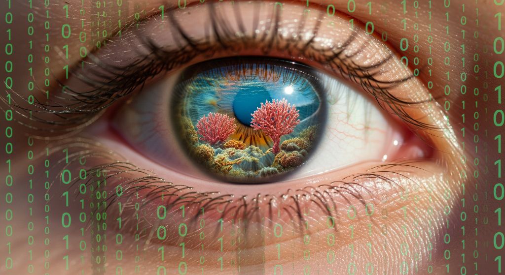 AI meets ocean consciousness - coral reef reflected in human eye