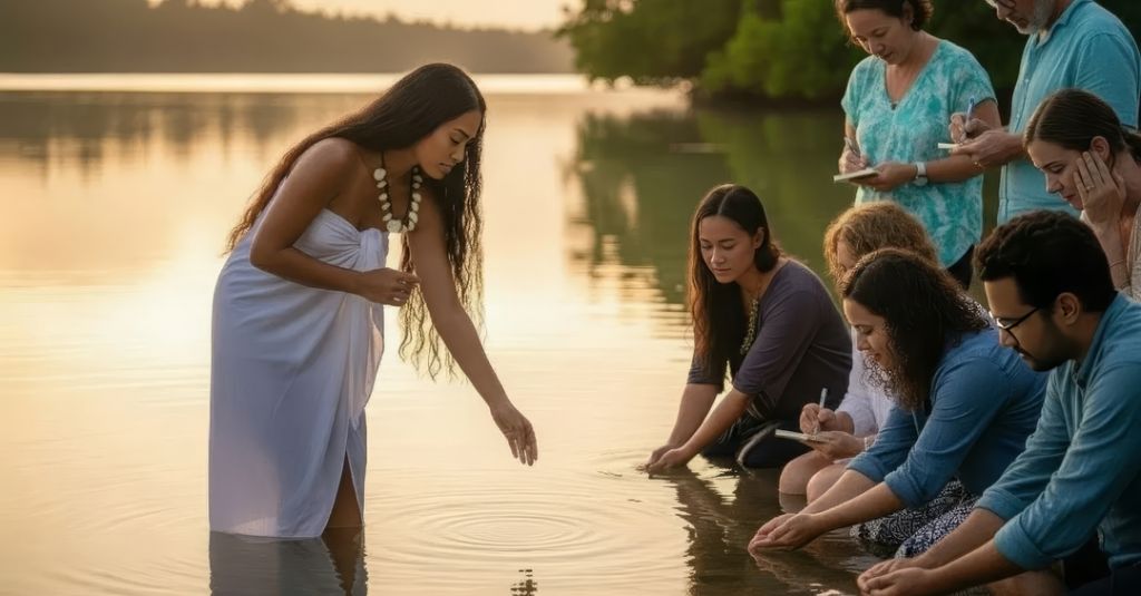 Moana leading a mindful water ritual with community at sunset