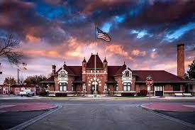Historic Nampa train depot at twilight