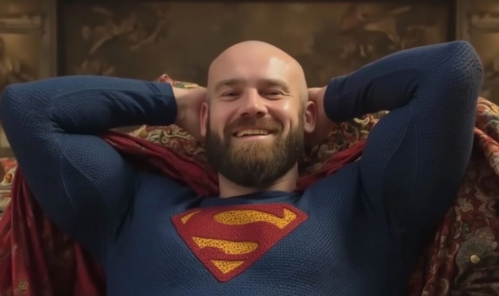 Dan in Superman shirt, relaxed