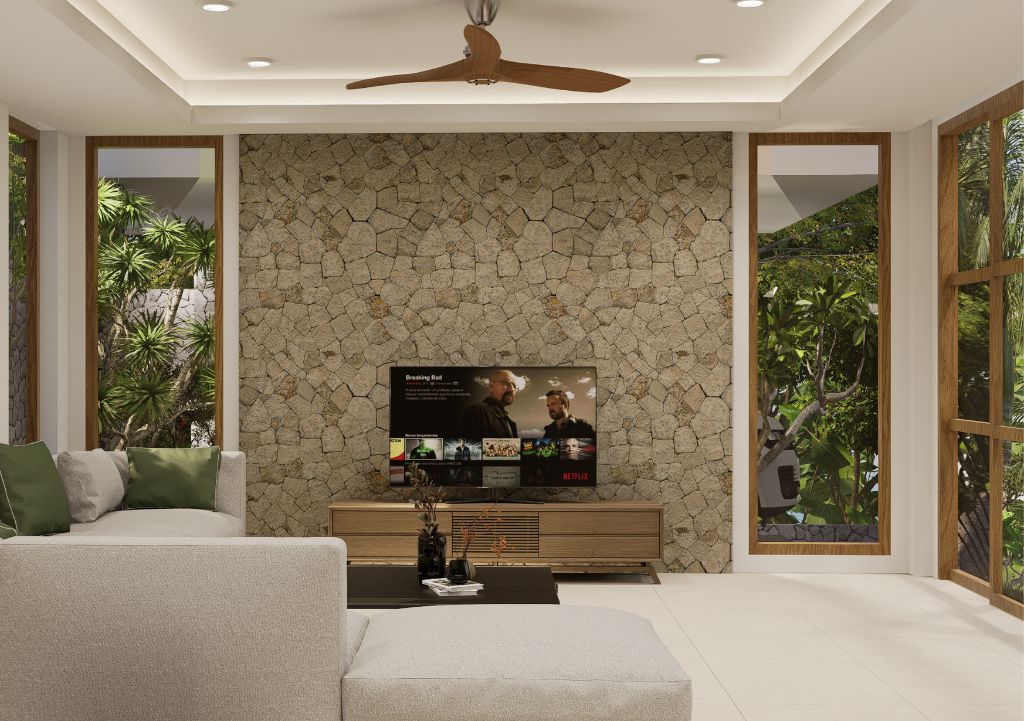 Salon moderne avec mur en pierre